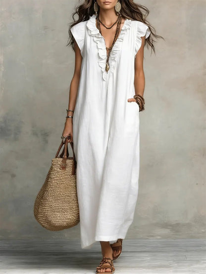 Effortless Linen Maxi Dress for Women with Ruffle V Neck Cap Sleeve Flowing Bohemian Style