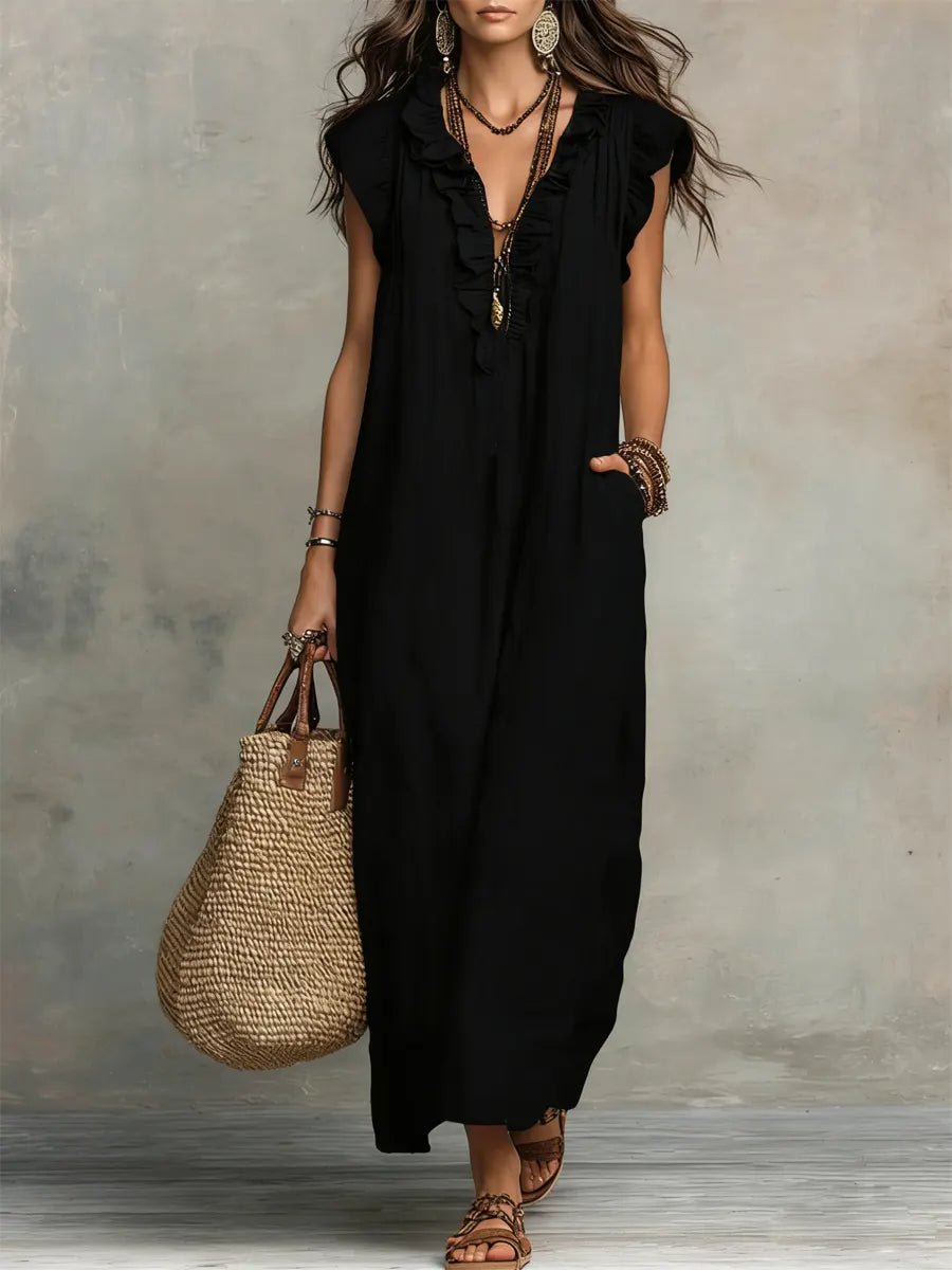 Effortless Linen Maxi Dress for Women with Ruffle V Neck Cap Sleeve Flowing Bohemian Style