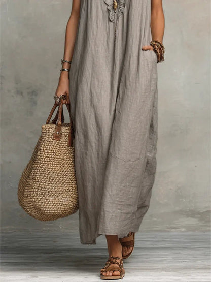 Effortless Linen Maxi Dress for Women with Ruffle V Neck Cap Sleeve Flowing Bohemian Style