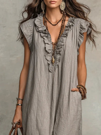 Effortless Linen Maxi Dress for Women with Ruffle V Neck Cap Sleeve Flowing Bohemian Style