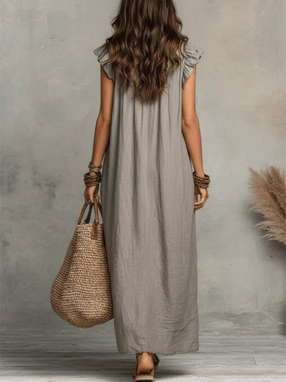 Effortless Linen Maxi Dress for Women with Ruffle V Neck Cap Sleeve Flowing Bohemian Style