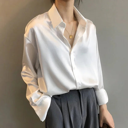 Elegant Satin Blouse for Women with Point Collar Long Sleeve Button Front Oversized Silky Style