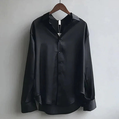 Elegant Satin Blouse for Women with Point Collar Long Sleeve Button Front Oversized Silky Style