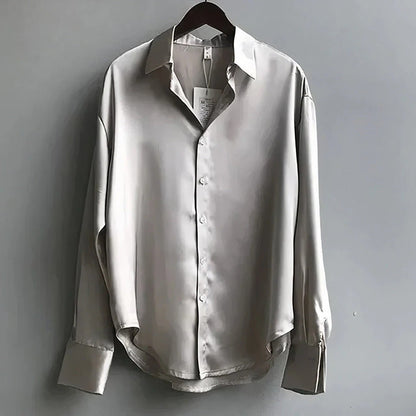 Elegant Satin Blouse for Women with Point Collar Long Sleeve Button Front Oversized Silky Style