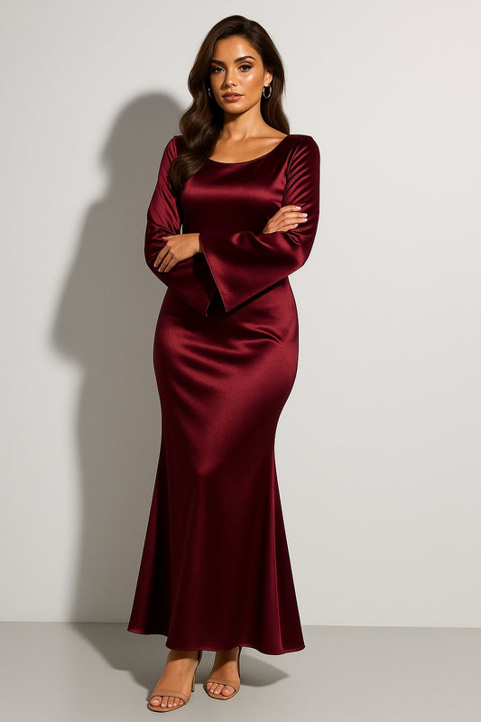 Elegant Satin Maxi Dress for Women with Square Neck Bell Sleeve Bodycon Mermaid Style