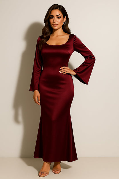 Elegant Satin Maxi Dress for Women with Square Neck Bell Sleeve Bodycon Mermaid Style