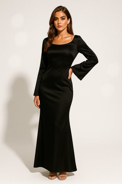Elegant Satin Maxi Dress for Women with Square Neck Bell Sleeve Bodycon Mermaid Style