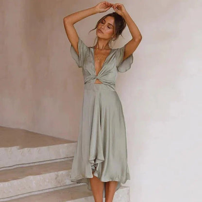 Elegant Satin Wrap Midi Dress for Women with V Neck Flutter Sleeve Twist Front High Low Flowing Style