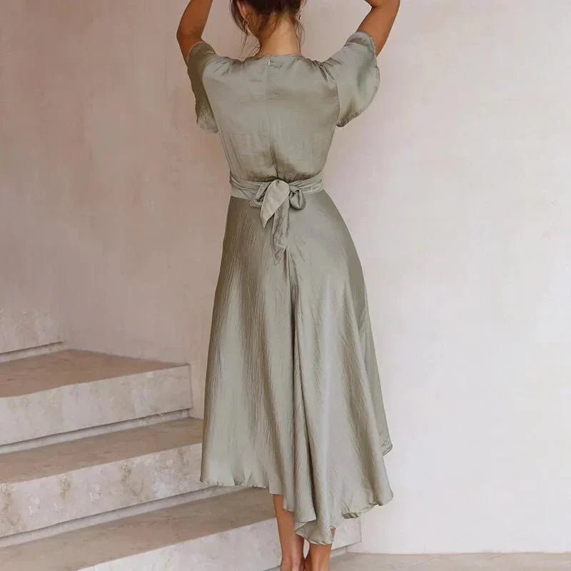 Elegant Satin Wrap Midi Dress for Women with V Neck Flutter Sleeve Twist Front High Low Flowing Style