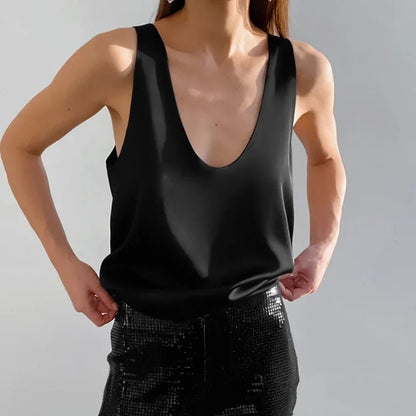 Effortless Satin Blouse for Women with Scoop Neck Sleeveless Relaxed Racerback Tank Style