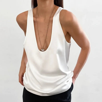 Effortless Satin Blouse for Women with Scoop Neck Sleeveless Relaxed Racerback Tank Style