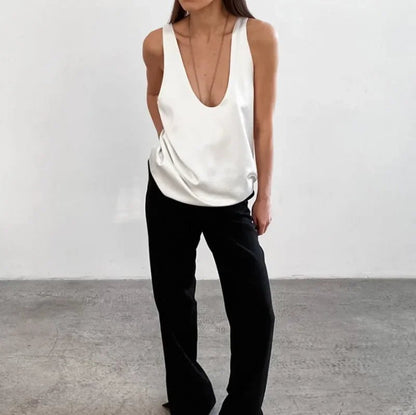 Effortless Satin Blouse for Women with Scoop Neck Sleeveless Relaxed Racerback Tank Style