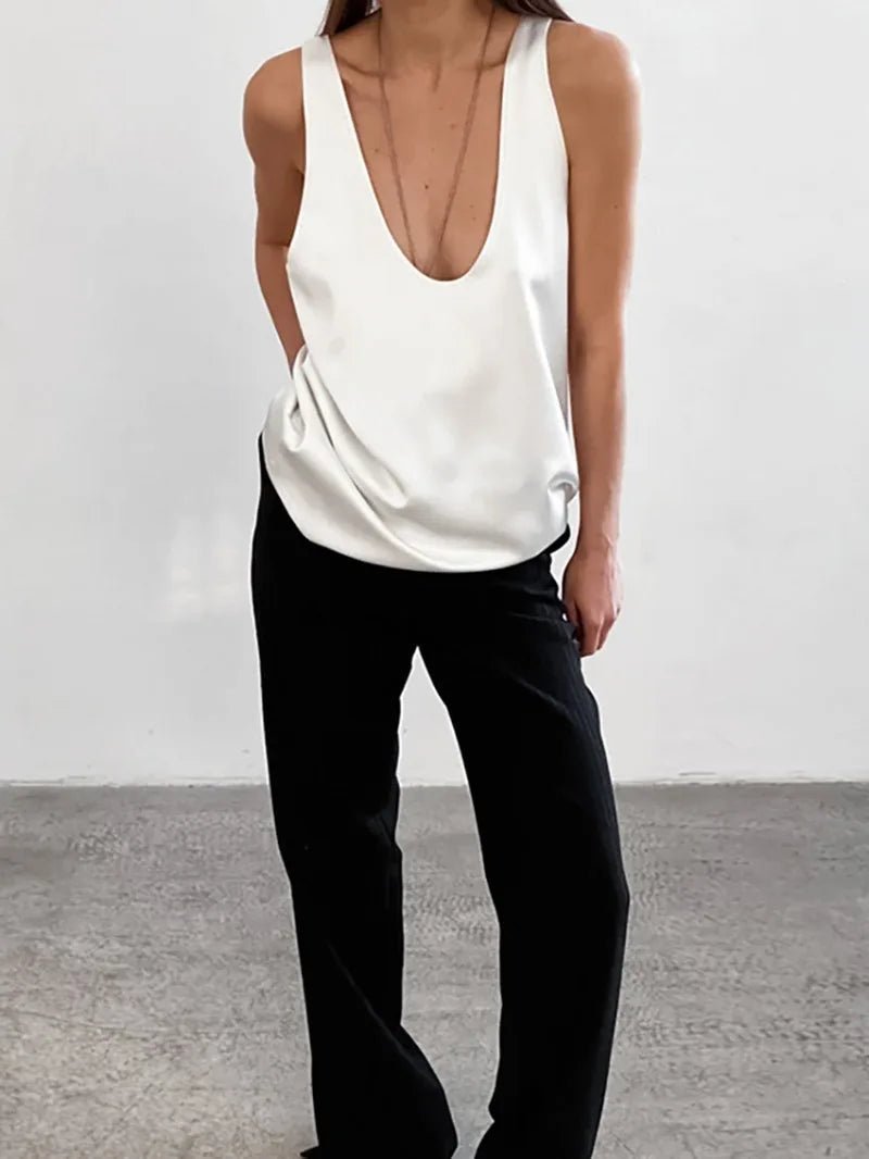 Effortless Satin Blouse for Women with Scoop Neck Sleeveless Relaxed Racerback Tank Style