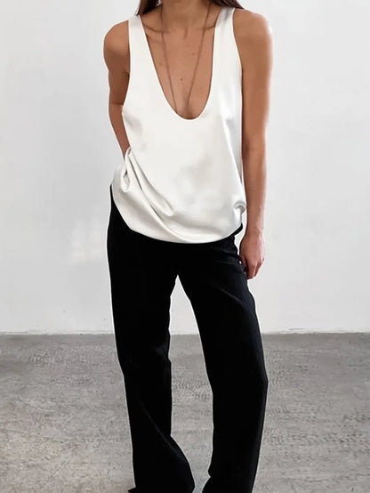 Effortless Satin Blouse for Women with Scoop Neck Sleeveless Relaxed Racerback Tank Style