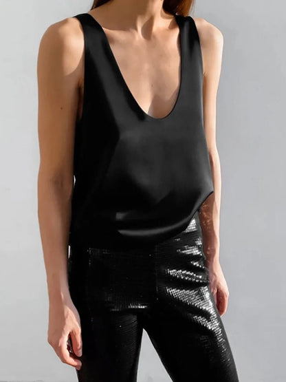 Effortless Satin Blouse for Women with Scoop Neck Sleeveless Relaxed Racerback Tank Style