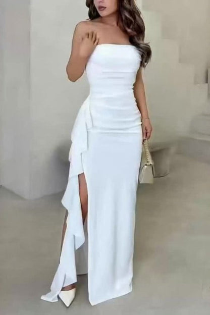 Elegant White Maxi Dress for Women with Strapless Ruched Bodice High Slit Ruffle Formal Wedding Guest Style