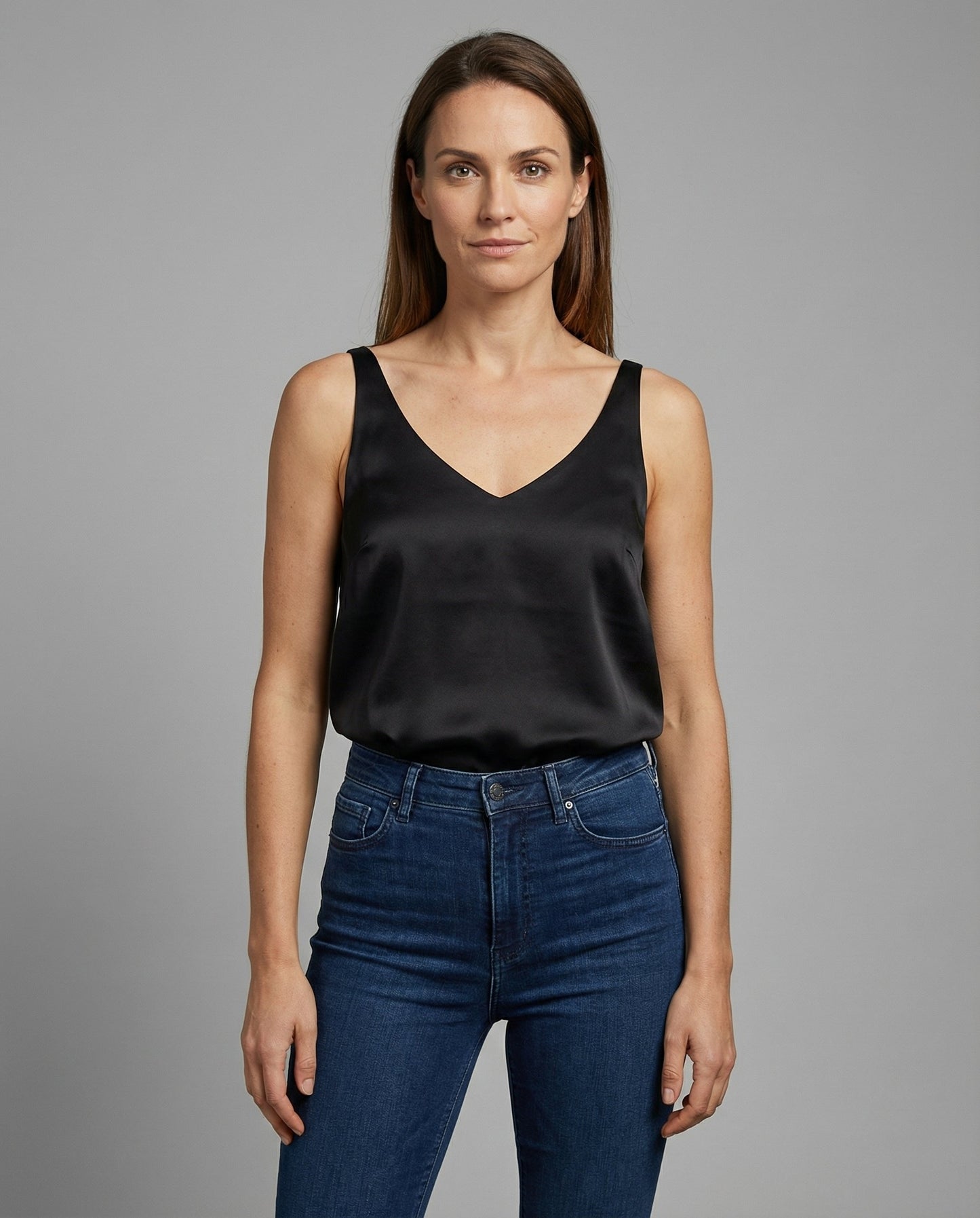 Elegant Satin Camisole Blouse for Women with V Neck Sleeveless Relaxed Silky Style