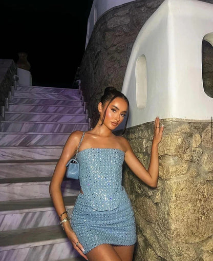 Elegant Blue Sequin Mini Dress for Women with Strapless Bodycon Cutout Formal Party Style