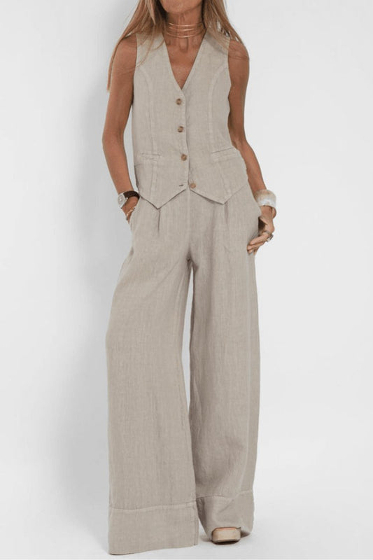 Effortless Linen Wide Leg Set for Women with V Neck Sleeveless Button Front Two Piece Style
