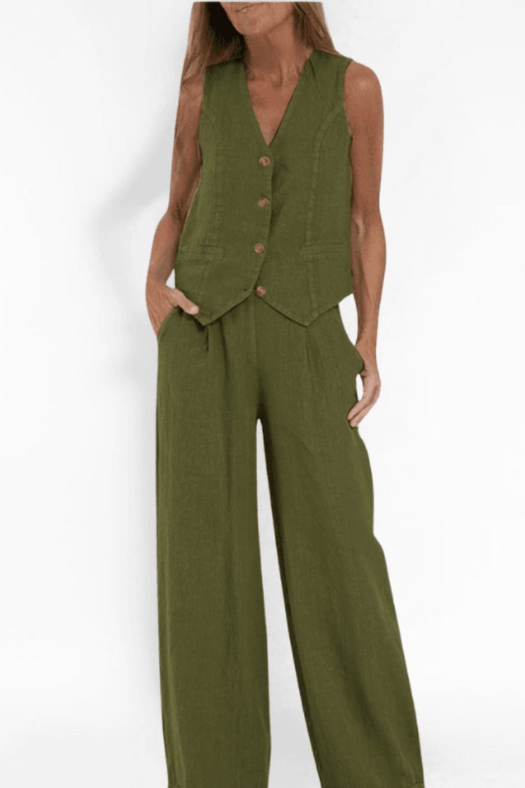 Effortless Linen Wide Leg Set for Women with V Neck Sleeveless Button Front Two Piece Style