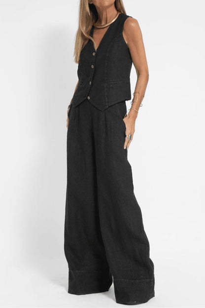 Effortless Linen Wide Leg Set for Women with V Neck Sleeveless Button Front Two Piece Style
