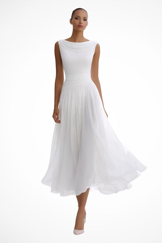 Elegant Draped Midi Dress for Women with Cowl Neck Sleeveless Ruched Waist Flowing Wedding Guest Style