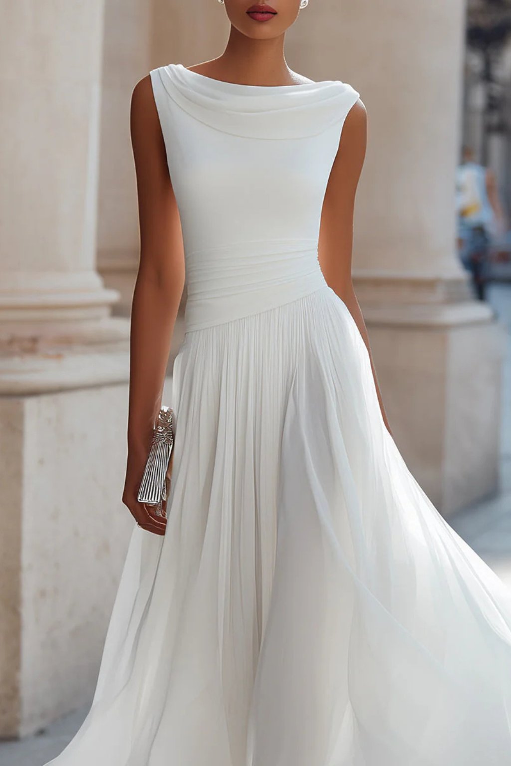 Elegant Draped Midi Dress for Women with Cowl Neck Sleeveless Ruched Waist Flowing Wedding Guest Style