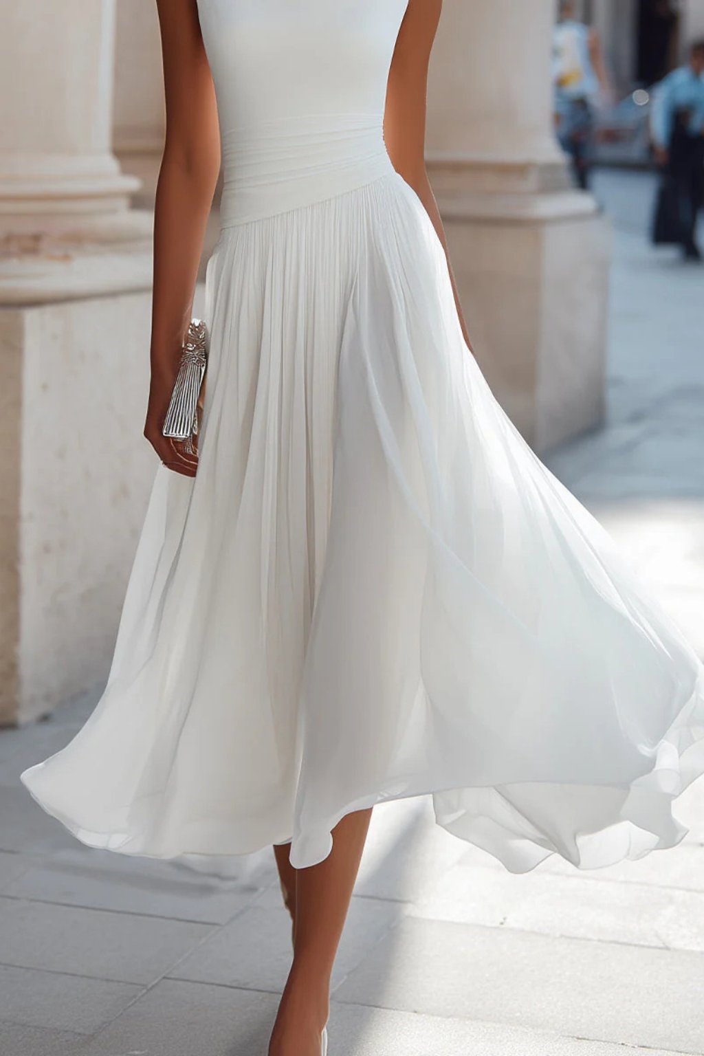 Elegant Draped Midi Dress for Women with Cowl Neck Sleeveless Ruched Waist Flowing Wedding Guest Style