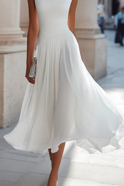 Elegant Draped Midi Dress for Women with Cowl Neck Sleeveless Ruched Waist Flowing Wedding Guest Style