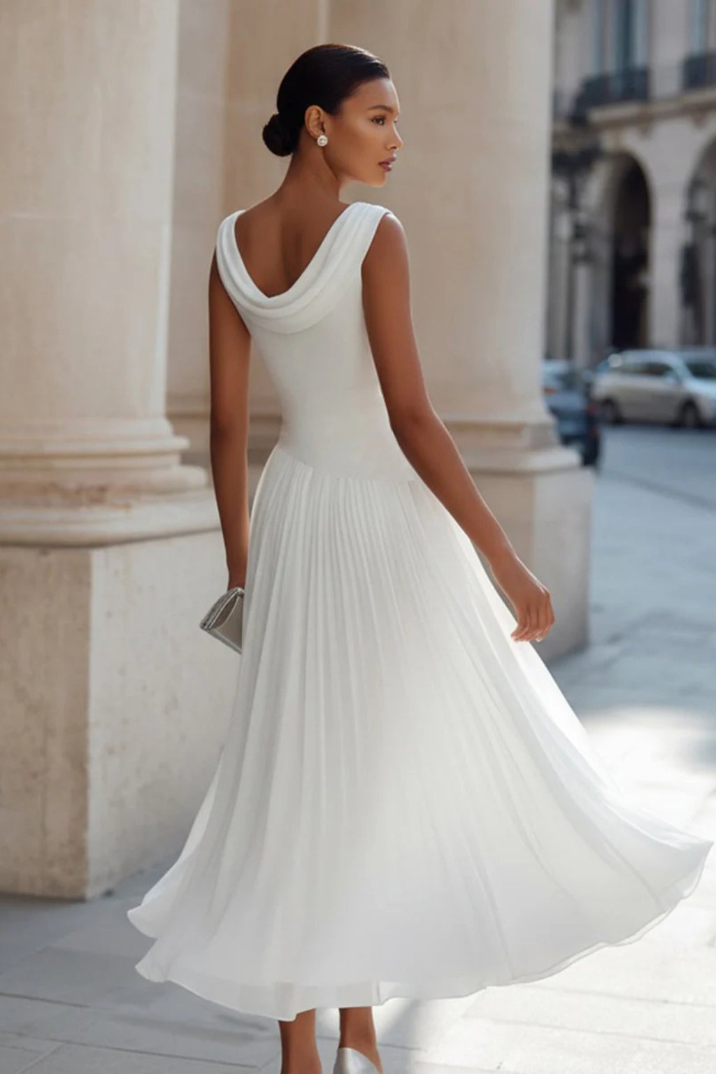 Elegant Draped Midi Dress for Women with Cowl Neck Sleeveless Ruched Waist Flowing Wedding Guest Style