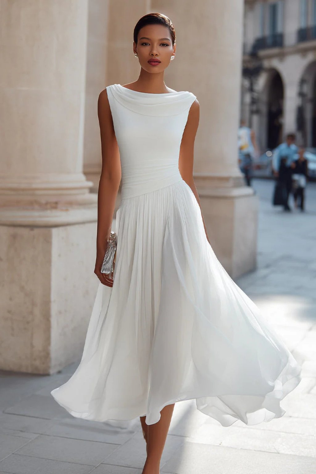 Elegant Draped Midi Dress for Women with Cowl Neck Sleeveless Ruched Waist Flowing Wedding Guest Style