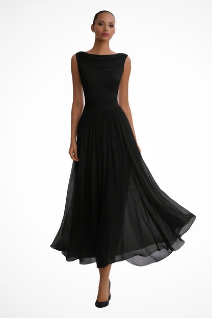 Elegant Draped Midi Dress for Women with Cowl Neck Sleeveless Ruched Waist Flowing Wedding Guest Style