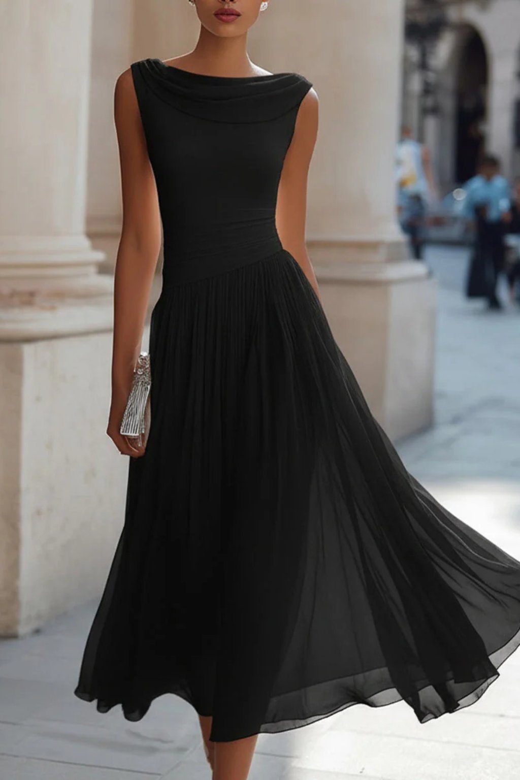 Elegant Draped Midi Dress for Women with Cowl Neck Sleeveless Ruched Waist Flowing Wedding Guest Style