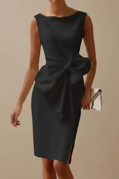 Elegant Black Midi Gown for Women with Boat Neck Sleeveless Bow Front Cocktail Style