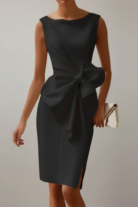 Elegant Black Midi Gown for Women with Boat Neck Sleeveless Bow Front Cocktail Style