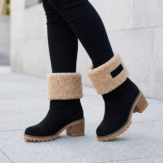 Cozy Black Snow Boots for Women with Faux Fur Cuff Stacked Heel Pull On Winter Snowproof Style