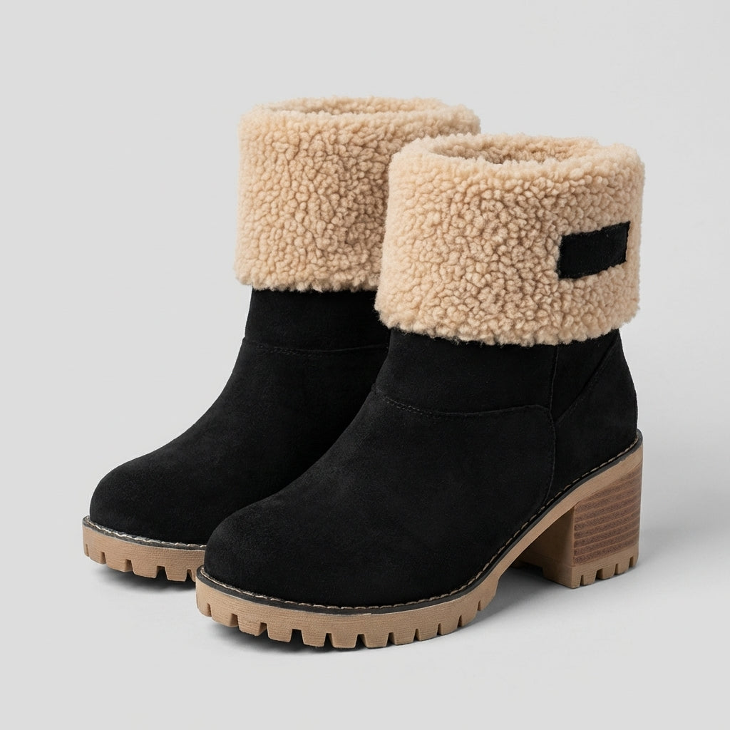 Cozy Black Snow Boots for Women with Faux Fur Cuff Stacked Heel Pull On Winter Snowproof Style