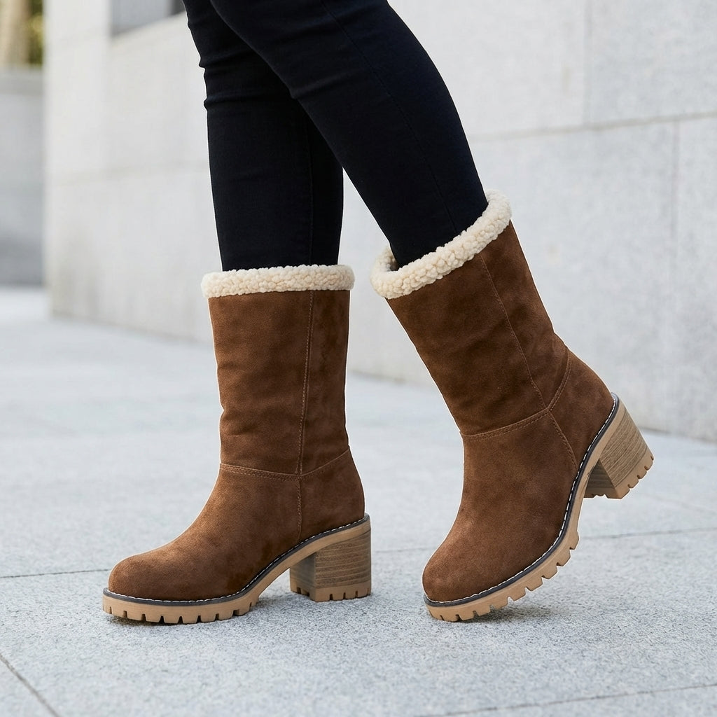 Cozy Black Snow Boots for Women with Faux Fur Cuff Stacked Heel Pull On Winter Snowproof Style