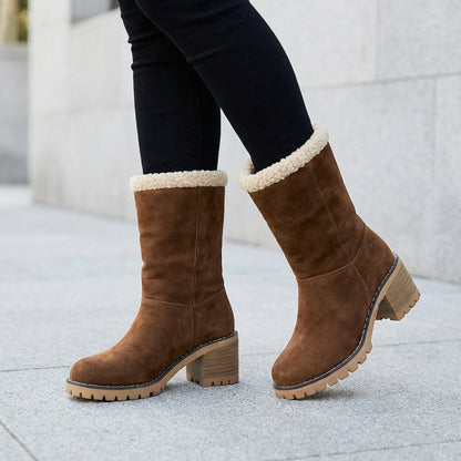 Cozy Black Snow Boots for Women with Faux Fur Cuff Stacked Heel Pull On Winter Snowproof Style