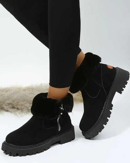 Warm Black Snow Boots for Women with Faux Fur Lining Zip Closure Platform Chunky Sole Snowproof Style