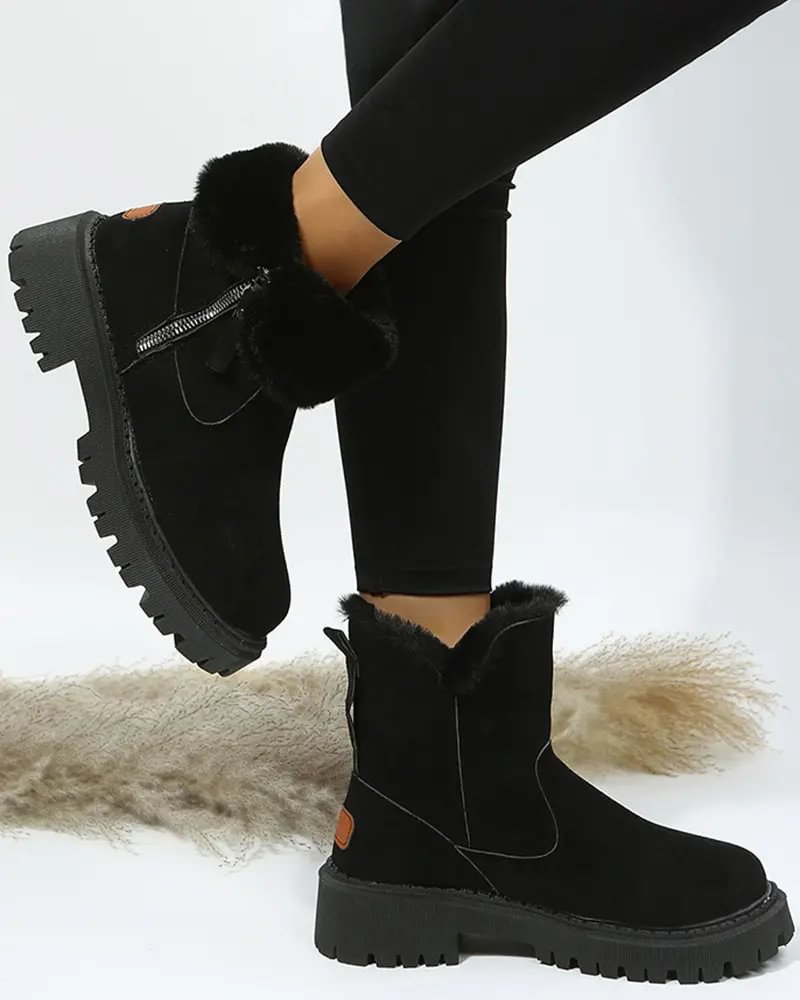 Warm Black Snow Boots for Women with Faux Fur Lining Zip Closure Platform Chunky Sole Snowproof Style