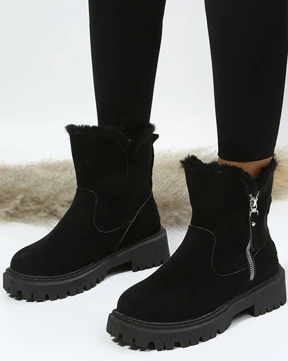 Warm Black Snow Boots for Women with Faux Fur Lining Zip Closure Platform Chunky Sole Snowproof Style