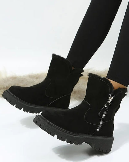 Warm Black Snow Boots for Women with Faux Fur Lining Zip Closure Platform Chunky Sole Snowproof Style