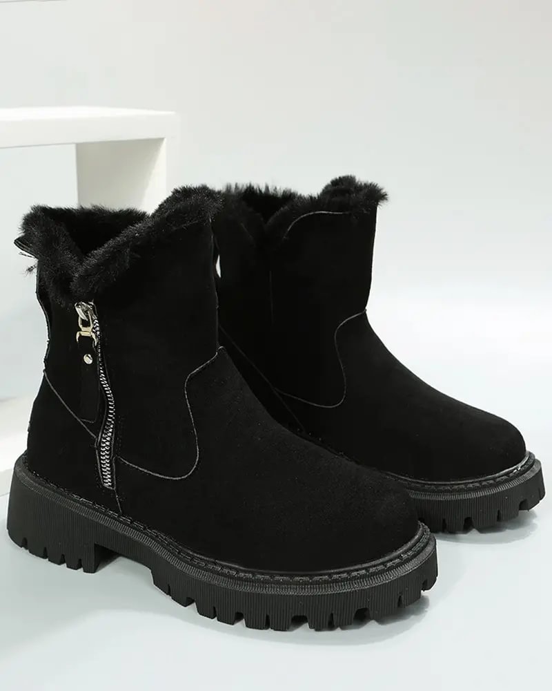 Warm Black Snow Boots for Women with Faux Fur Lining Zip Closure Platform Chunky Sole Snowproof Style