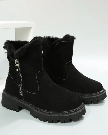 Warm Black Snow Boots for Women with Faux Fur Lining Zip Closure Platform Chunky Sole Snowproof Style
