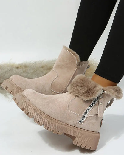 Warm Black Snow Boots for Women with Faux Fur Lining Zip Closure Platform Chunky Sole Snowproof Style