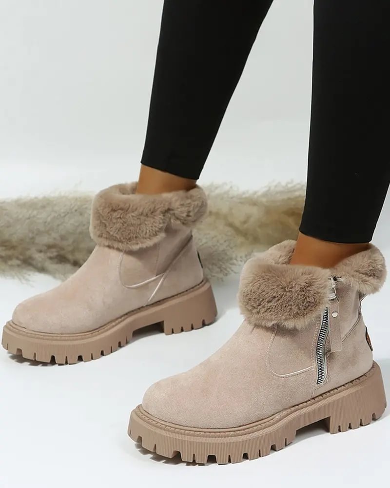 Warm Black Snow Boots for Women with Faux Fur Lining Zip Closure Platform Chunky Sole Snowproof Style