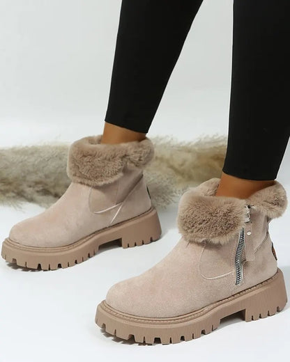 Warm Black Snow Boots for Women with Faux Fur Lining Zip Closure Platform Chunky Sole Snowproof Style
