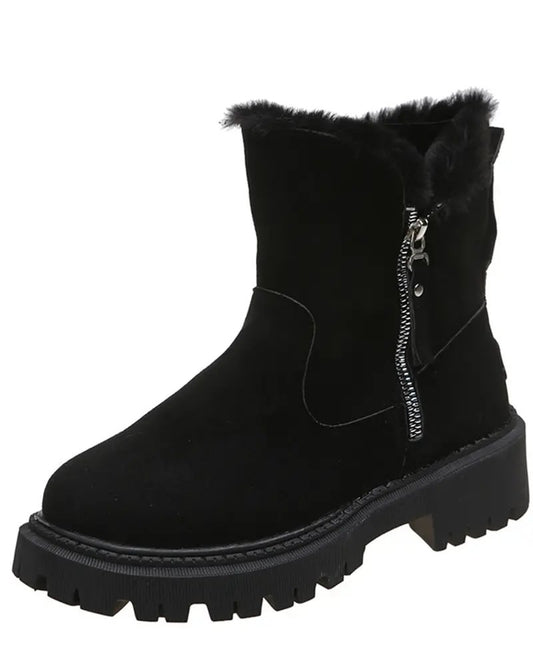 Warm Black Snow Boots for Women with Faux Fur Lining Zip Closure Platform Chunky Sole Snowproof Style