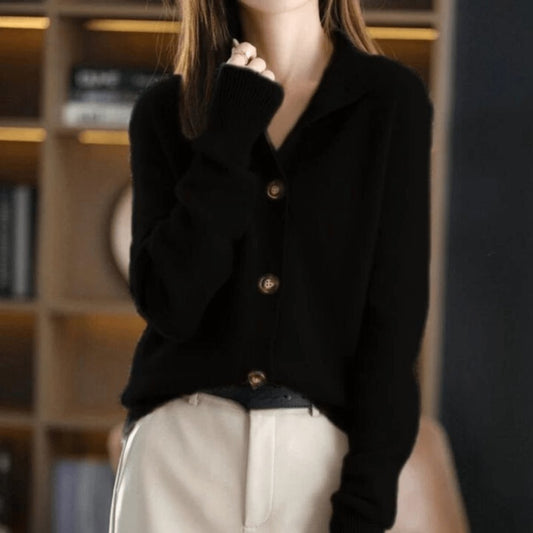 Comfortable Black Cardigan for Women with Notched Collar Long Sleeve Button Front Knit Style